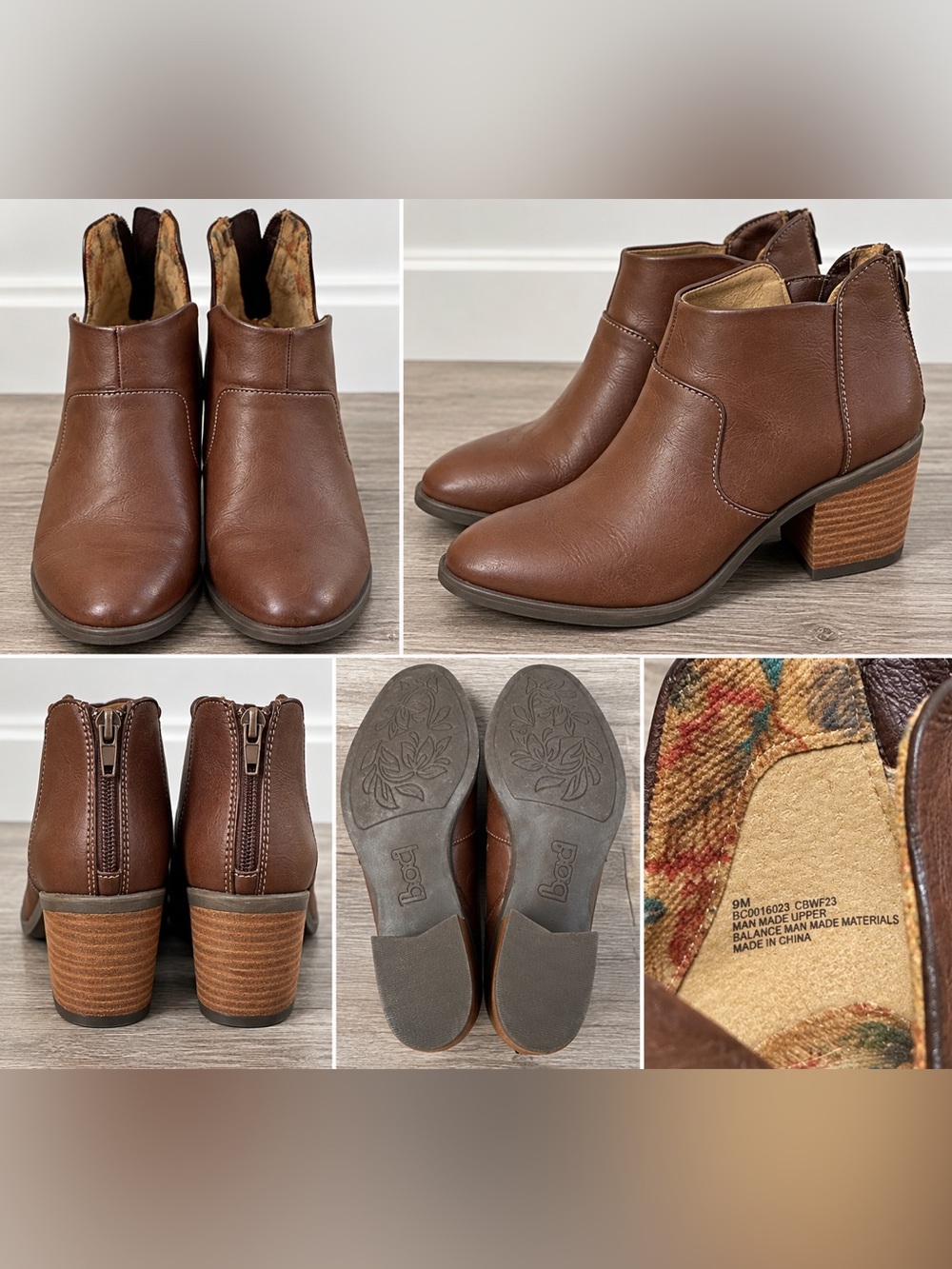 b.o.c. Brown Ankle Booties Size 9M Back Zip Stacked Heel